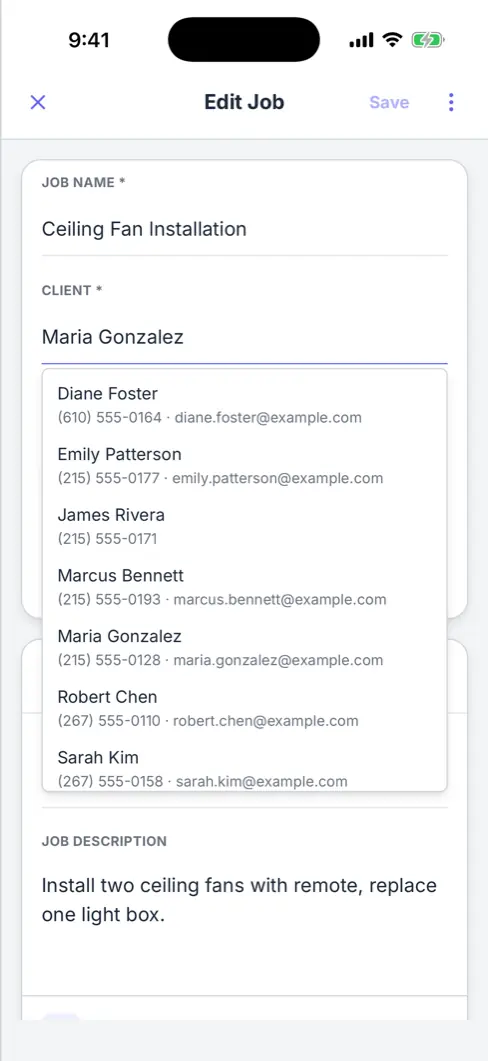 The job form in Werkly with a client picker, showing an existing client selected instead of retyped.