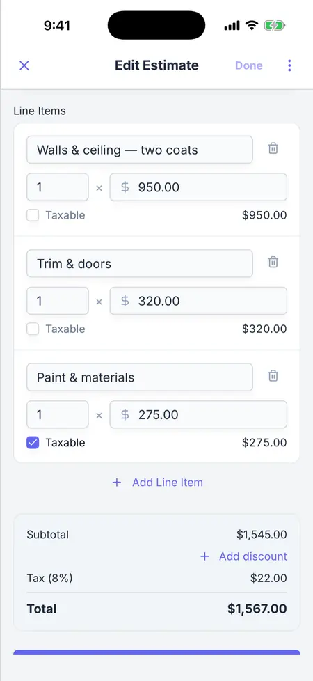 The Werkly estimate builder showing a draft estimate with three line items and the subtotal, tax, and total