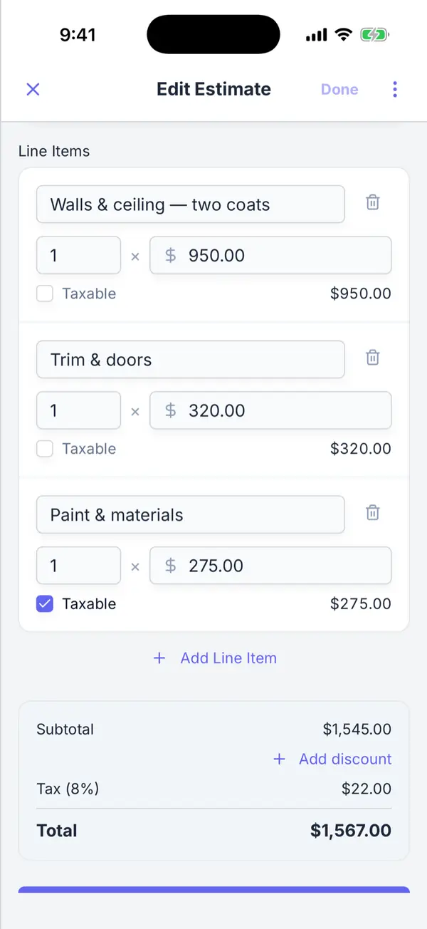 The Werkly estimate builder showing a Draft estimate with three line items and a subtotal, tax, and total.
