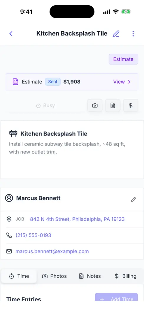 A Werkly job with its estimate sent, showing the sent-estimate banner and total on the job screen.