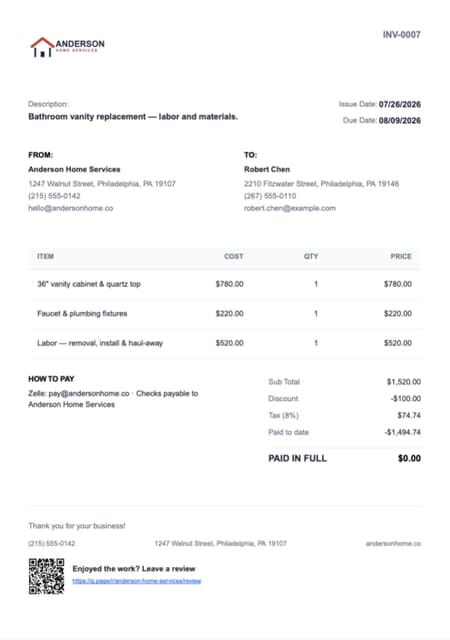 A branded Werkly invoice PDF marked PAID IN FULL, showing line items, discount, tax, and payment history