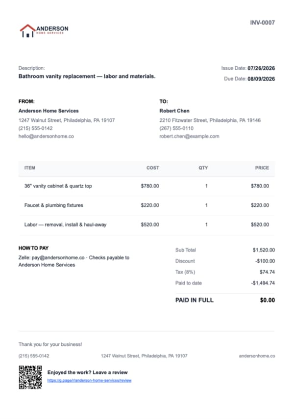 A branded Werkly invoice PDF marked PAID IN FULL, showing line items, discount, tax, and payment history.