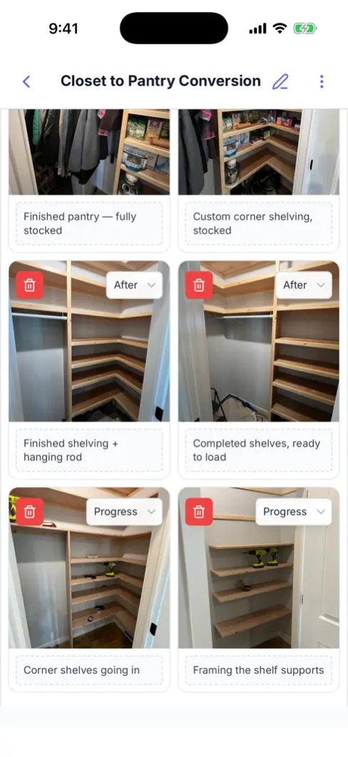 A Werkly job's Photos tab showing a before/progress/after gallery from a pantry shelving build, the same pool photos are chosen from for the document.