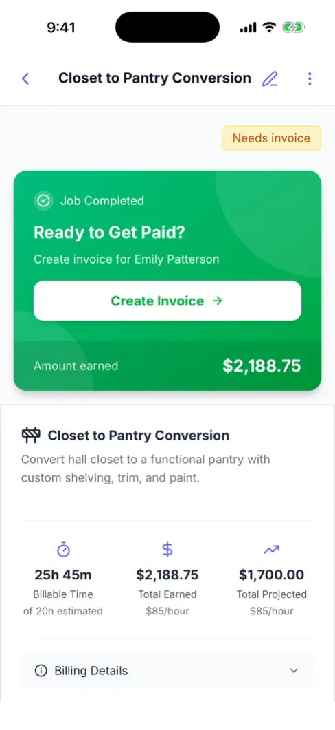 A completed Werkly job showing the "Ready to Get Paid?" prompt, the clear path from finished work to invoice.