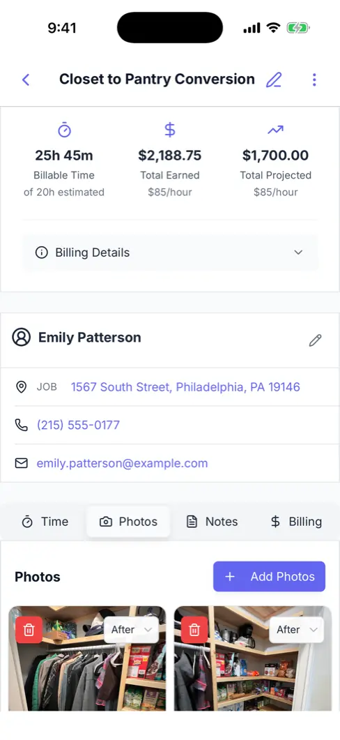 A Werkly job detail screen showing tracked hours, the client's contact card, and the job's photo grid, with Time, Photos, Notes, and Billing tabs on the same record