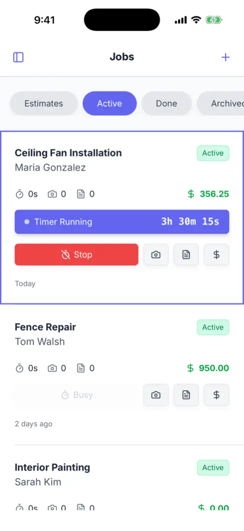 The Werkly jobs list on an iPhone, with the next job at the top and its timer running.