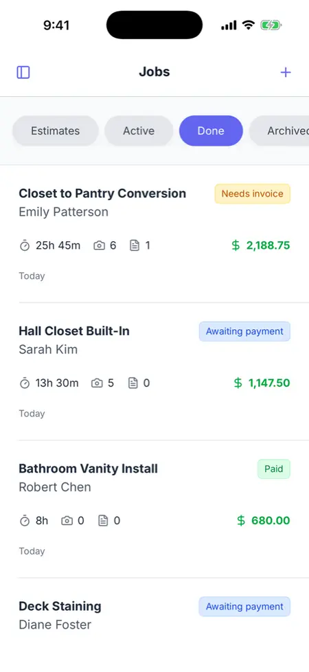 The Werkly jobs list, Done tab, showing lifecycle badges: Needs invoice, Awaiting payment, and Paid