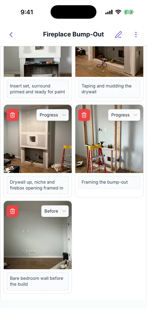 A Werkly job photo tagged Before, captioned "Bare bedroom wall before the build", sitting on the job next to the progress shots that followed it.