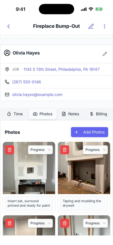 A Werkly job record with the Photos tab open, the client's contact details above it, and captioned job photos saved underneath