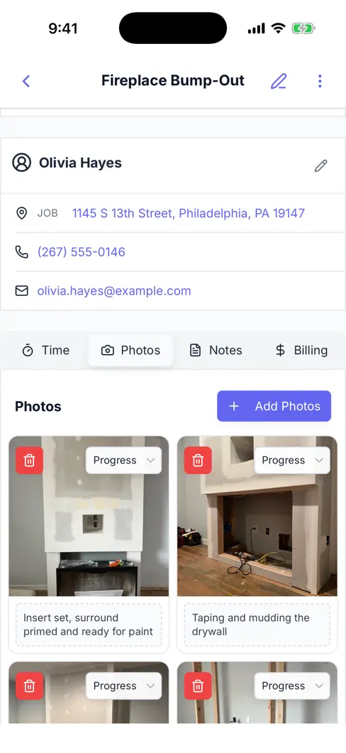 A Werkly job record with the Photos tab open, the client's contact details above it, and captioned job photos saved underneath.