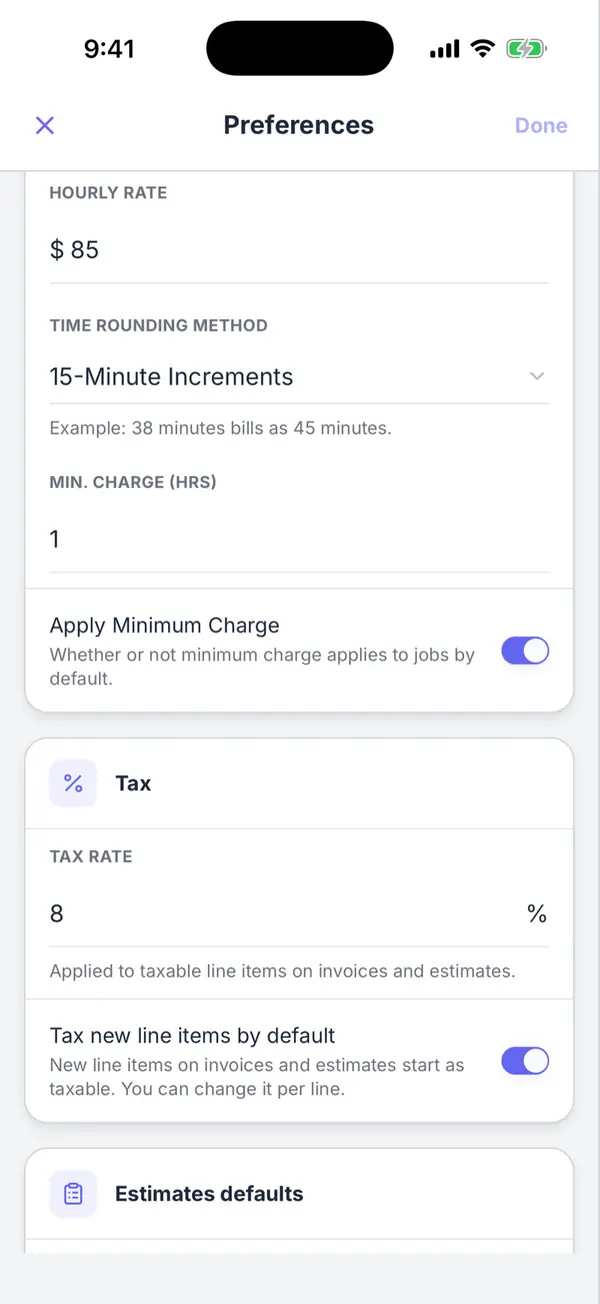 The Werkly Preferences sheet showing Time Rounding set to 15-Minute Increments, a 1-hour Minimum Charge, and the Apply Minimum Charge toggle on.