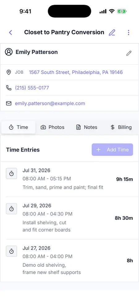 The Time tab on a finished Werkly job, listing three logged sessions with date, start and end time, and a total for each