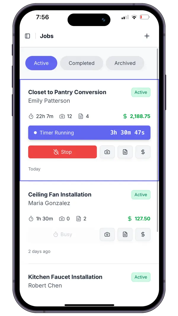 Werkly mobile app jobs list displaying multiple contractor projects with time tracking