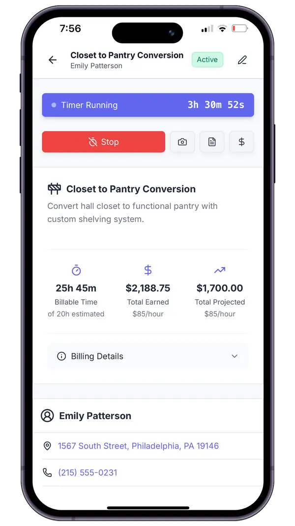 Job detail screen in Werkly showing active time tracker for contractor work hours