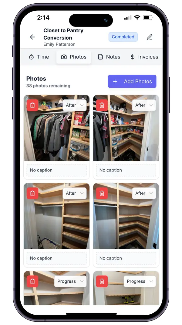 Werkly job photo documentation feature for before and after contractor work images