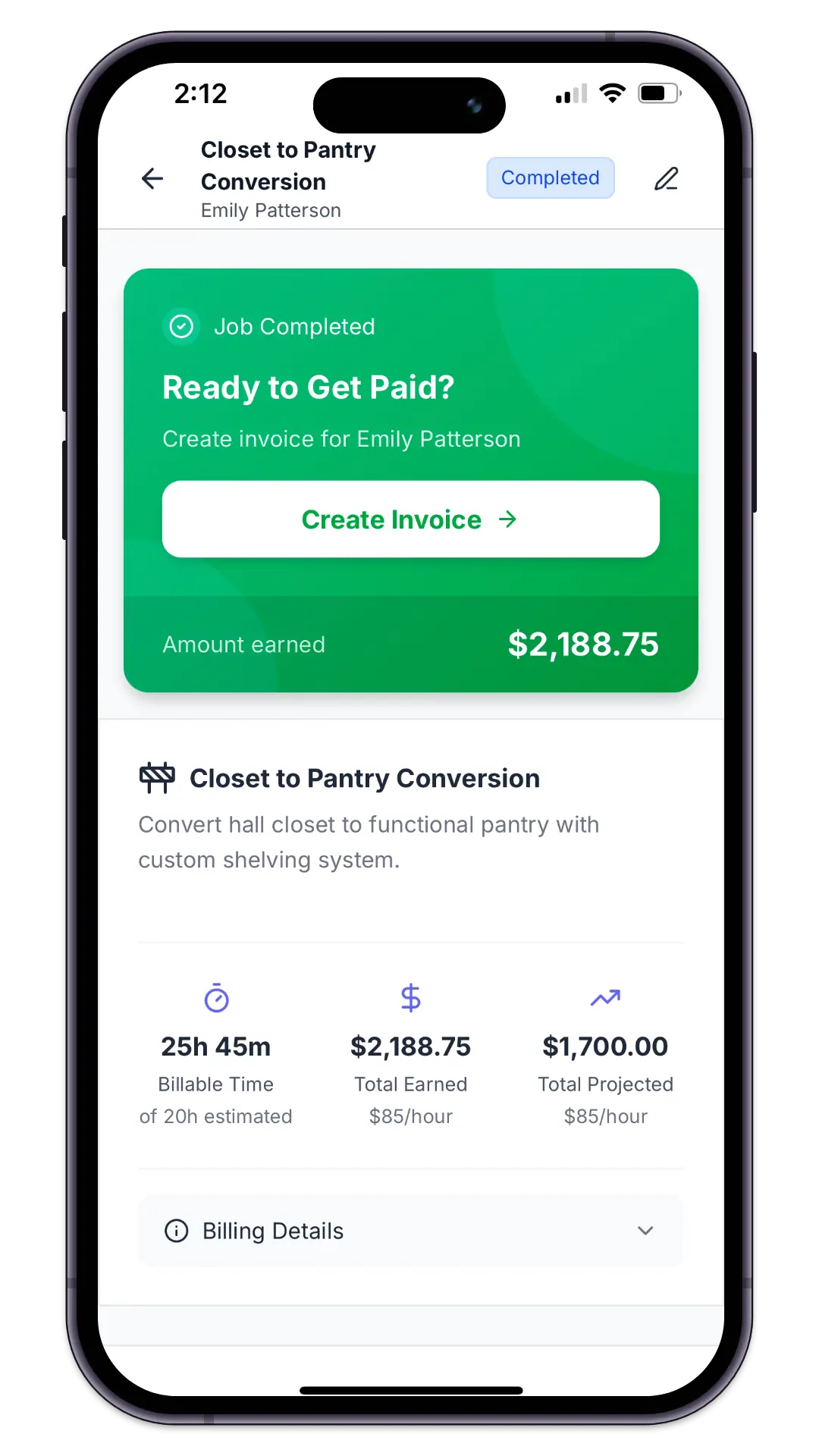 Werkly contractor job management app showing organized job dashboard with invoicing