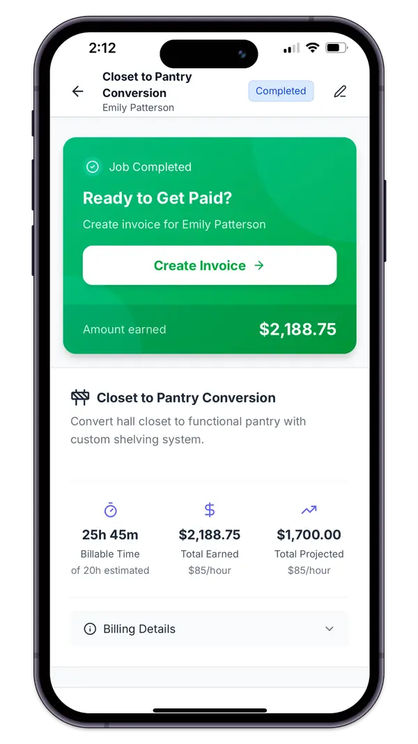 Contractor invoice creation screen in Werkly app ready to send to client