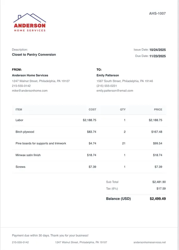 Professional branded invoice preview in Werkly for solo contractor billing