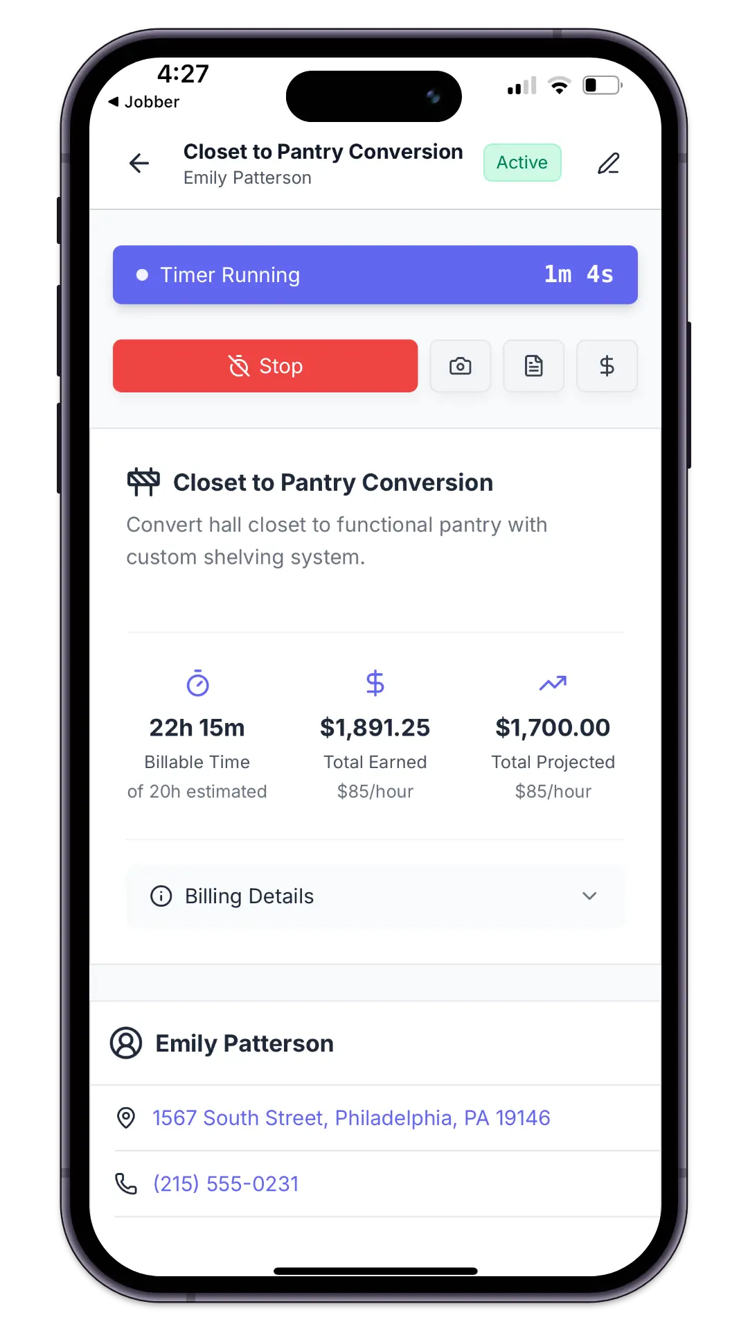 Werkly job tracking app interface showing active timer for contractor time management
